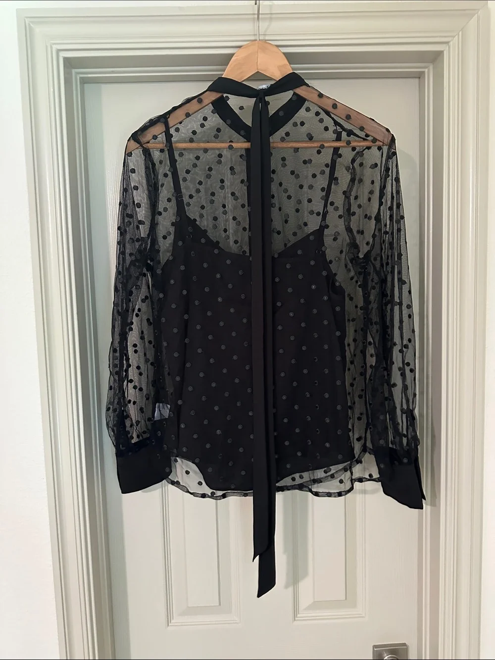 J. Crew Black Sheer Polka-Dot Tie-Neck Blouse